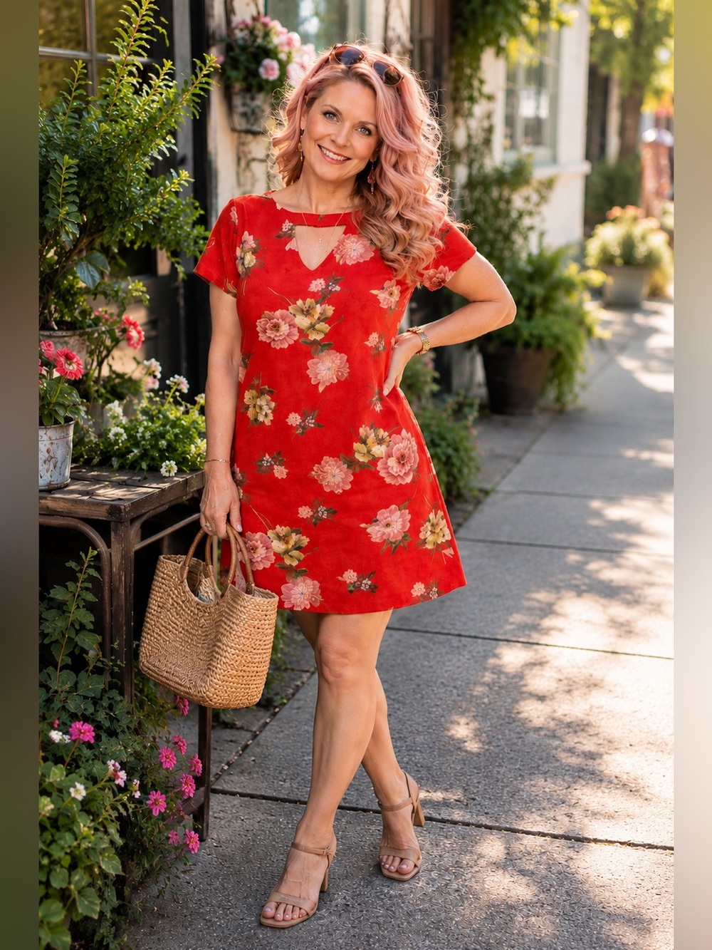 Revamped Red Floral Dress Size M Peekaboo Neck Fit & Flare Cottagecore